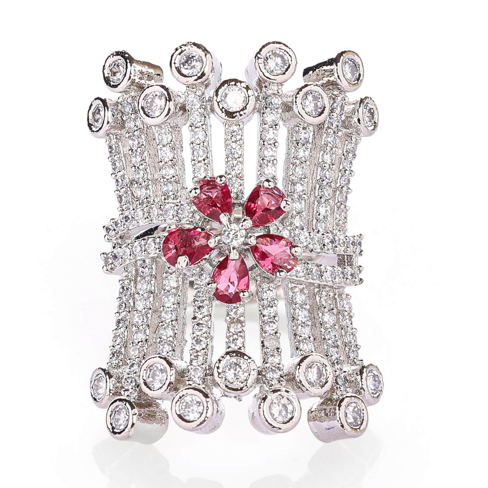 Rhodium plated with  American diamond rectangular adjustable Finger Ring