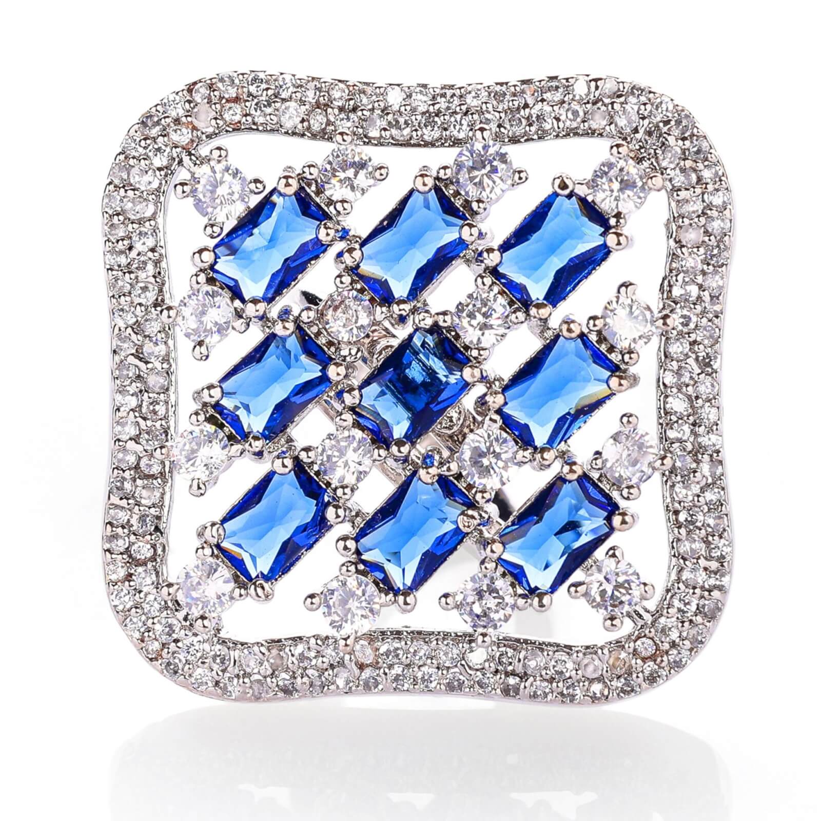 Rhodium plated with American diamond square shape  adjustable Finger Ring