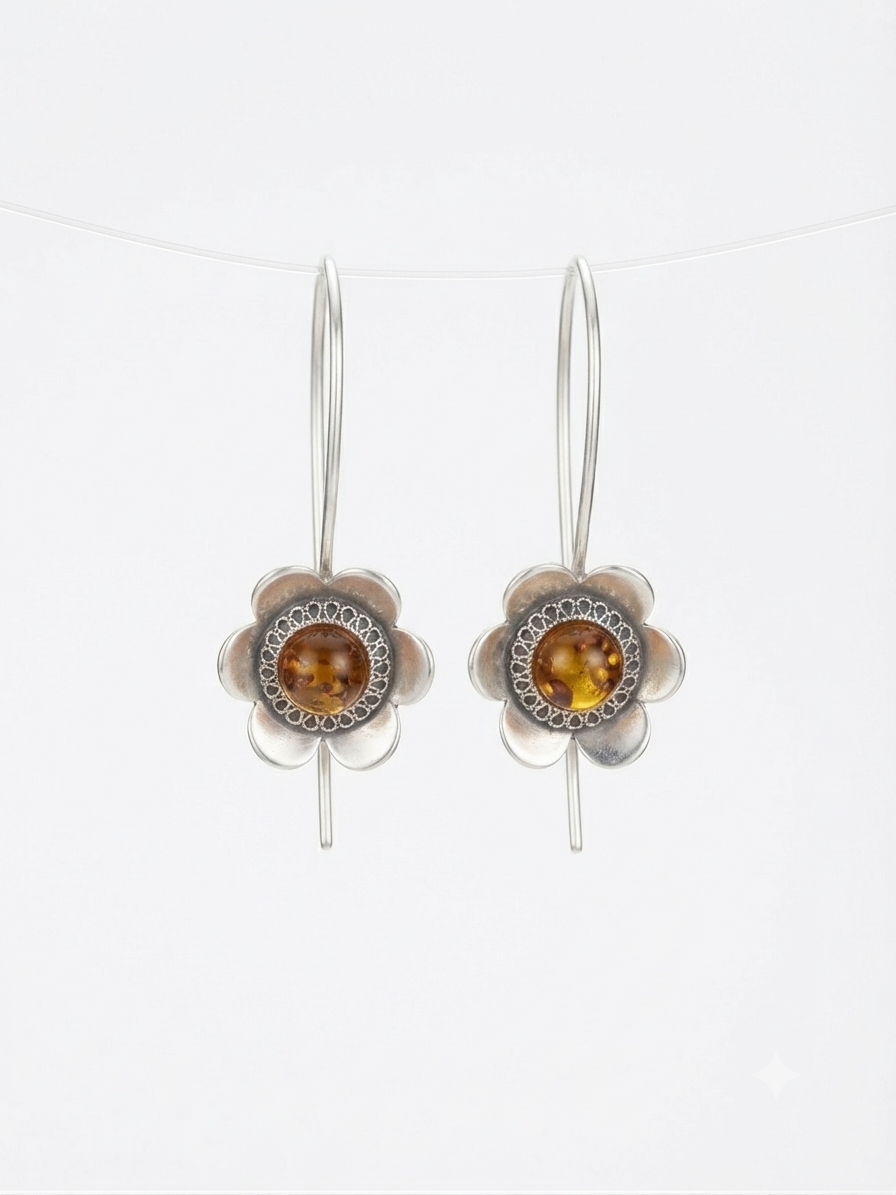 Floral DropOxidised Silver Flower Earrings with Amber Stone Earrings for Women & Girls