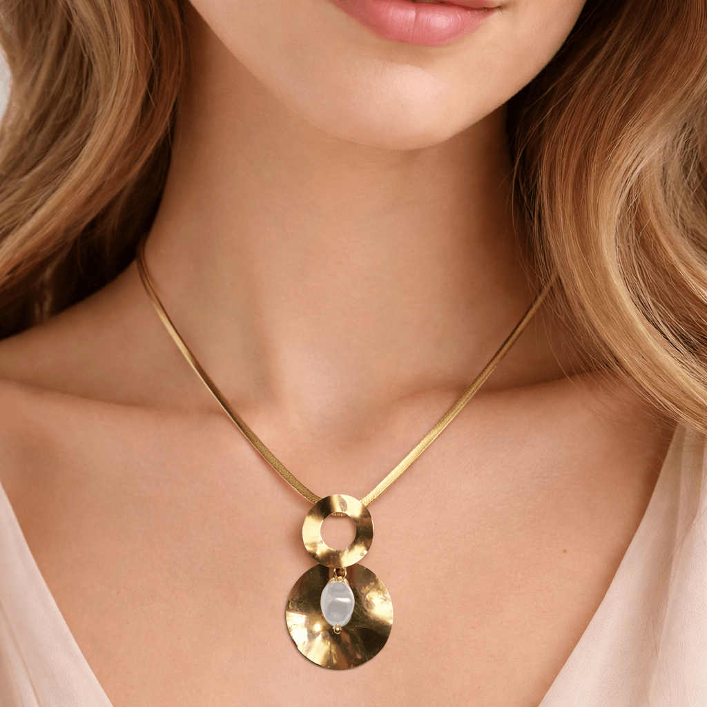 Designer Gold Tone Circle Pendant Necklace with Pearl Drop