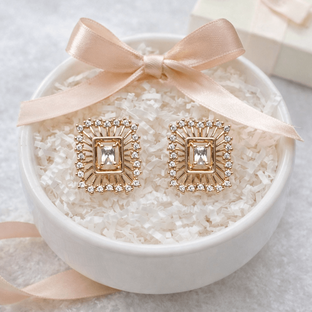 Elegant Rose Gold Plated Square Crystal Stud Earrings