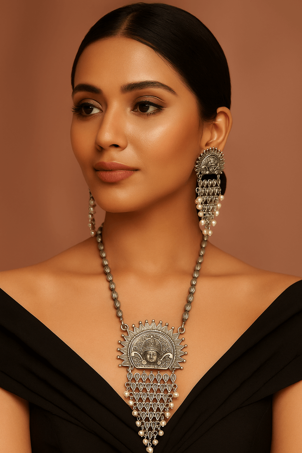 Contemporary oxidized temple necklace set