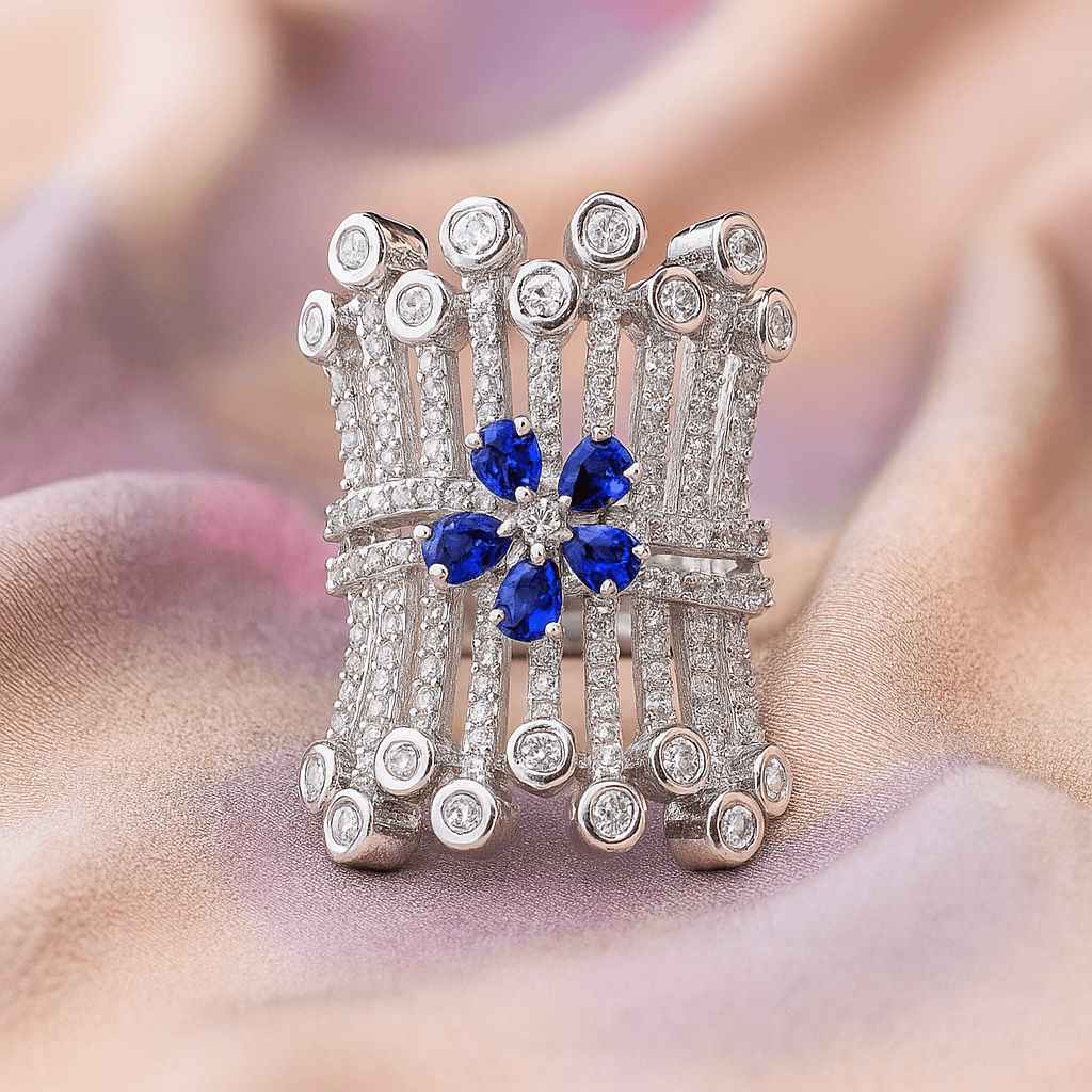 Rhodium plated with  American diamond rectangular adjustable Finger Ring