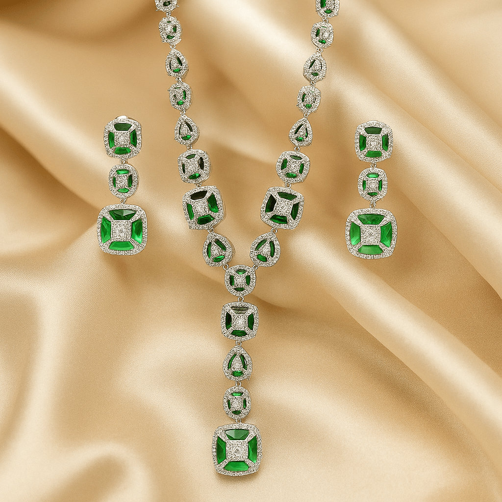 Contemporary American diamond green necklace set