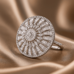 Rhodium plated with CZ Round shape adjustable Finger Ring
