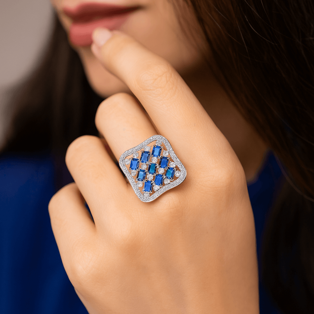 Rhodium plated with American diamond square shape  adjustable Finger Ring