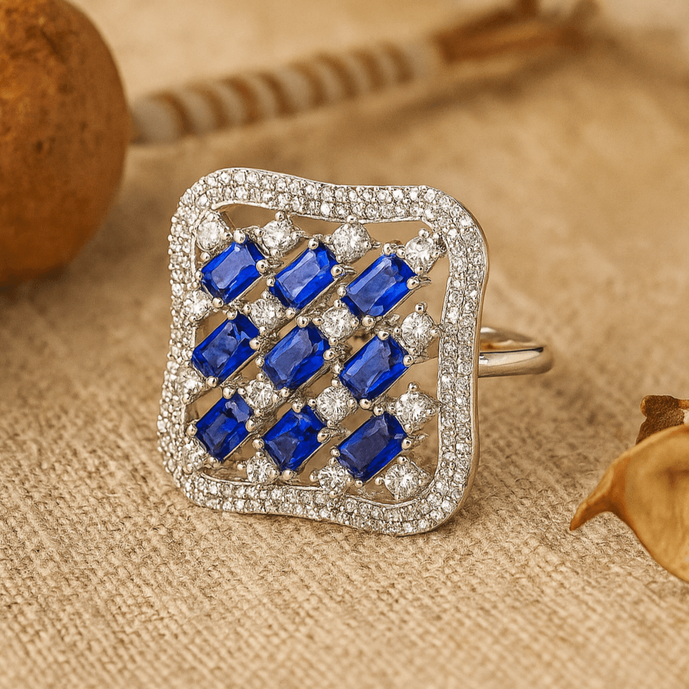 Rhodium plated with American diamond square shape  adjustable Finger Ring