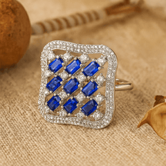 Rhodium plated with American diamond square shape  adjustable Finger Ring