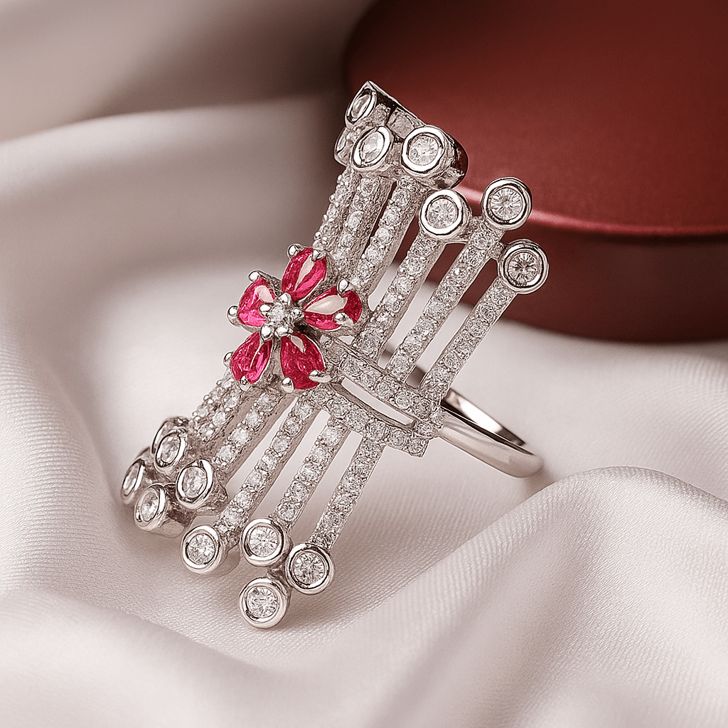 Rhodium plated with  American diamond rectangular adjustable Finger Ring