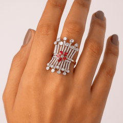 Rhodium plated with  American diamond rectangular adjustable Finger Ring