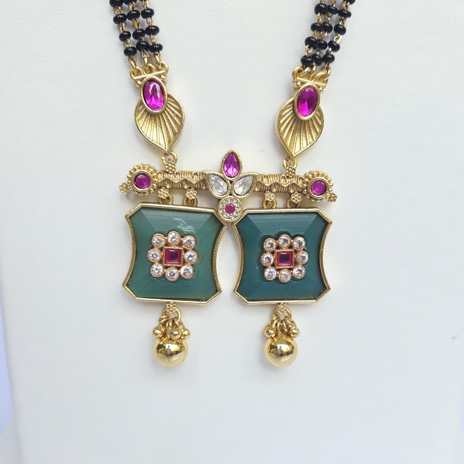 Traditional Green Enamel Gold Plated Square Pendant Long Mangalsutra