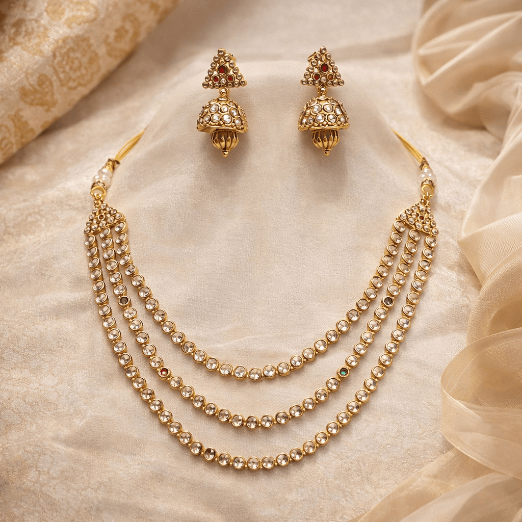 Gold Plated Multi-Layer Triple Line CZ Stone  Kundan Necklace Set for Women