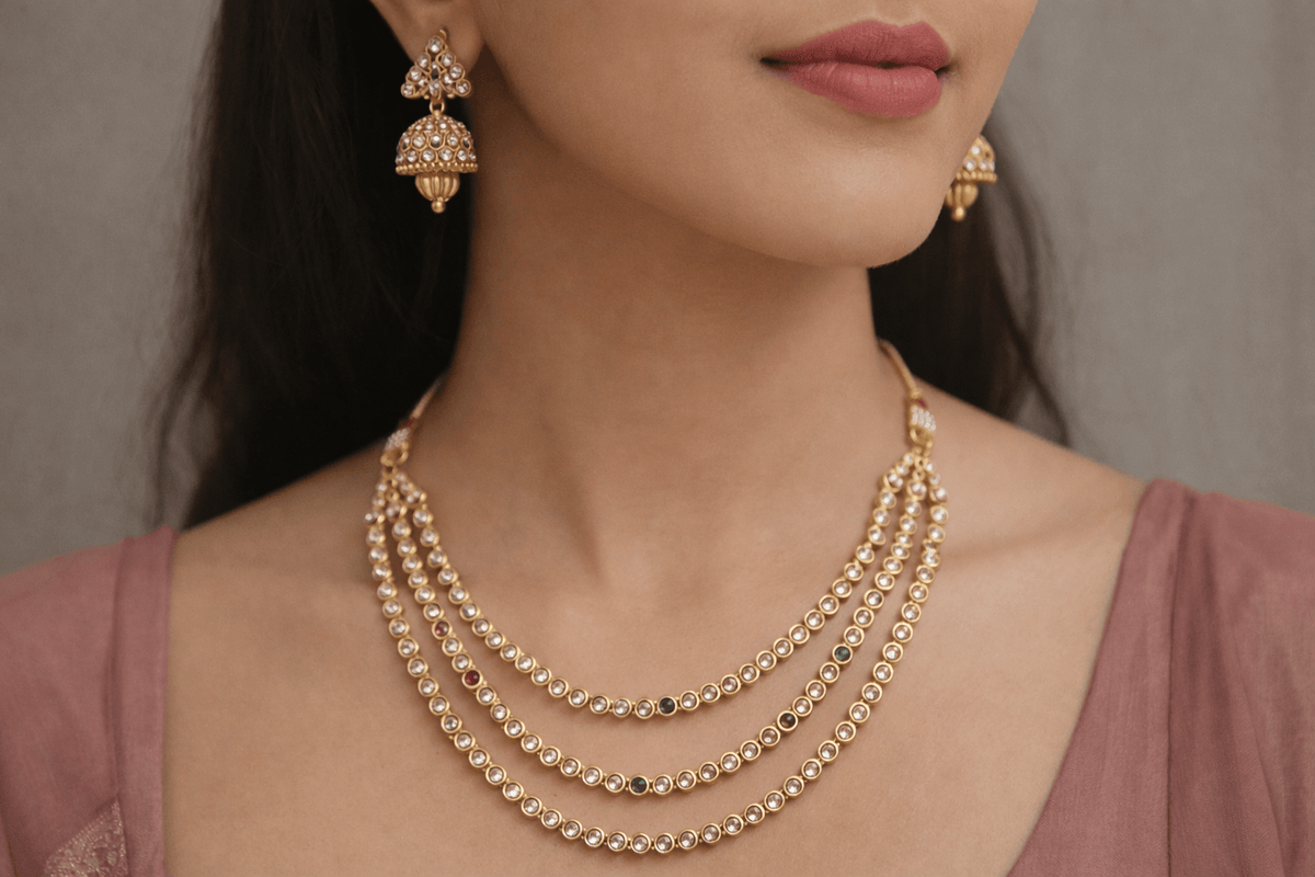 Gold Plated Multi-Layer Triple Line CZ Stone  Kundan Necklace Set for Women