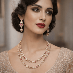 Traditional Gold Plated Double Layer Necklace Set for Women