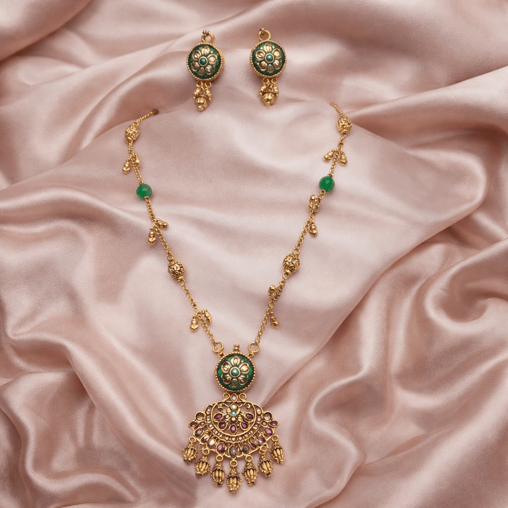 Traditional Gold Plated Antique Finish Temple Jewelry Kundan & Green Enamel Long Necklace Set