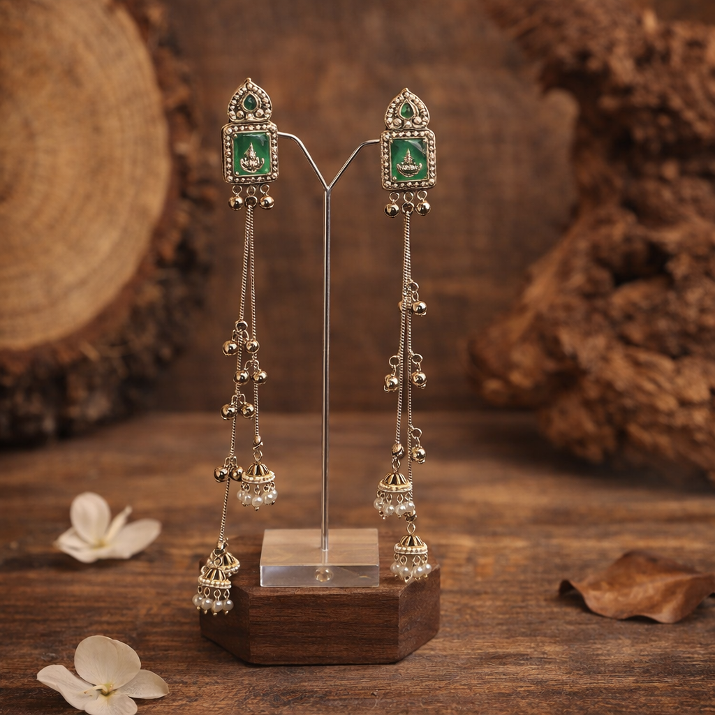 Aarohi Green Stone Long Kashmiri Jhumkas