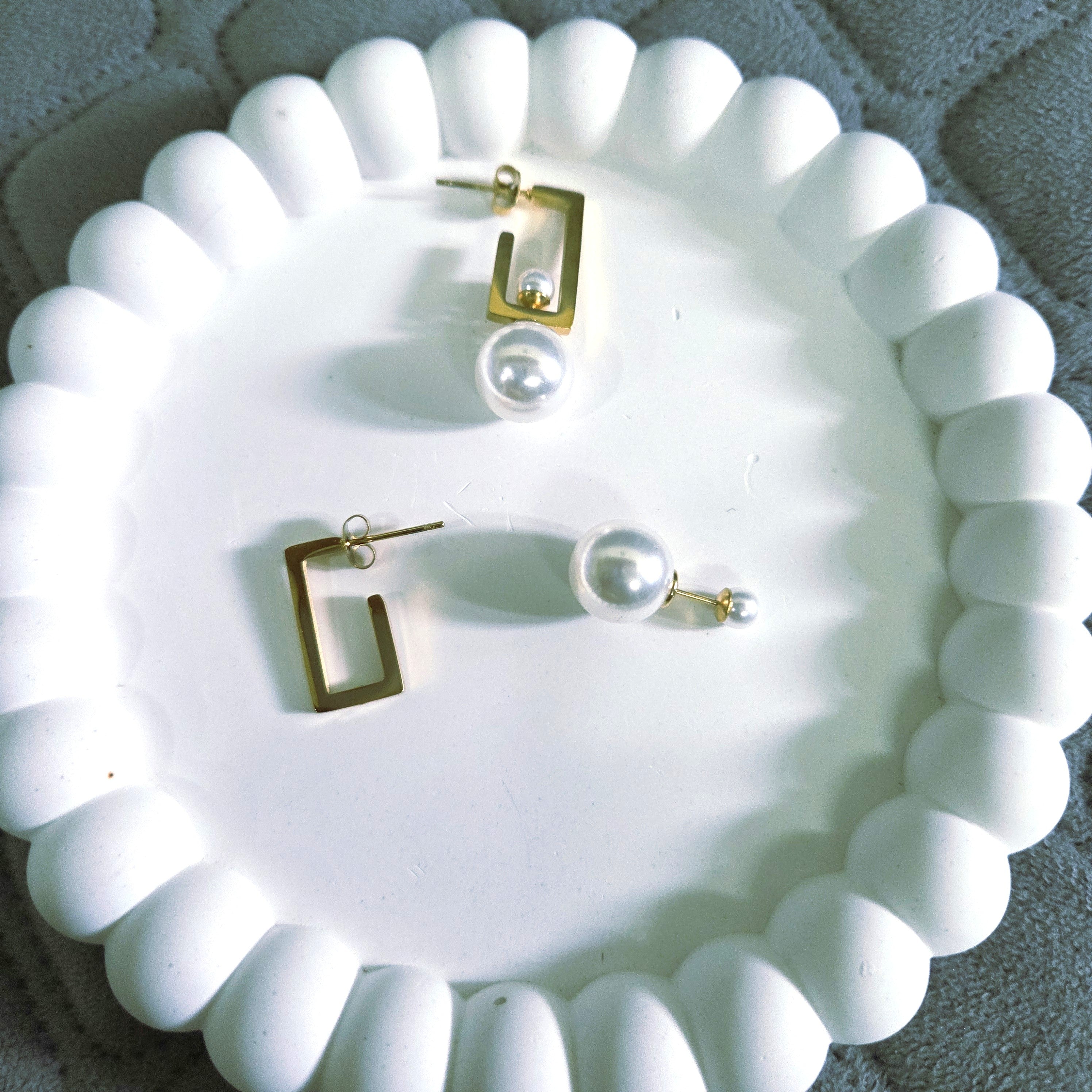 4-in-1 Gold Plated Pearl Geometric Convertible Earrings for Women & Girls Detachable Rectangle Drop Earrings