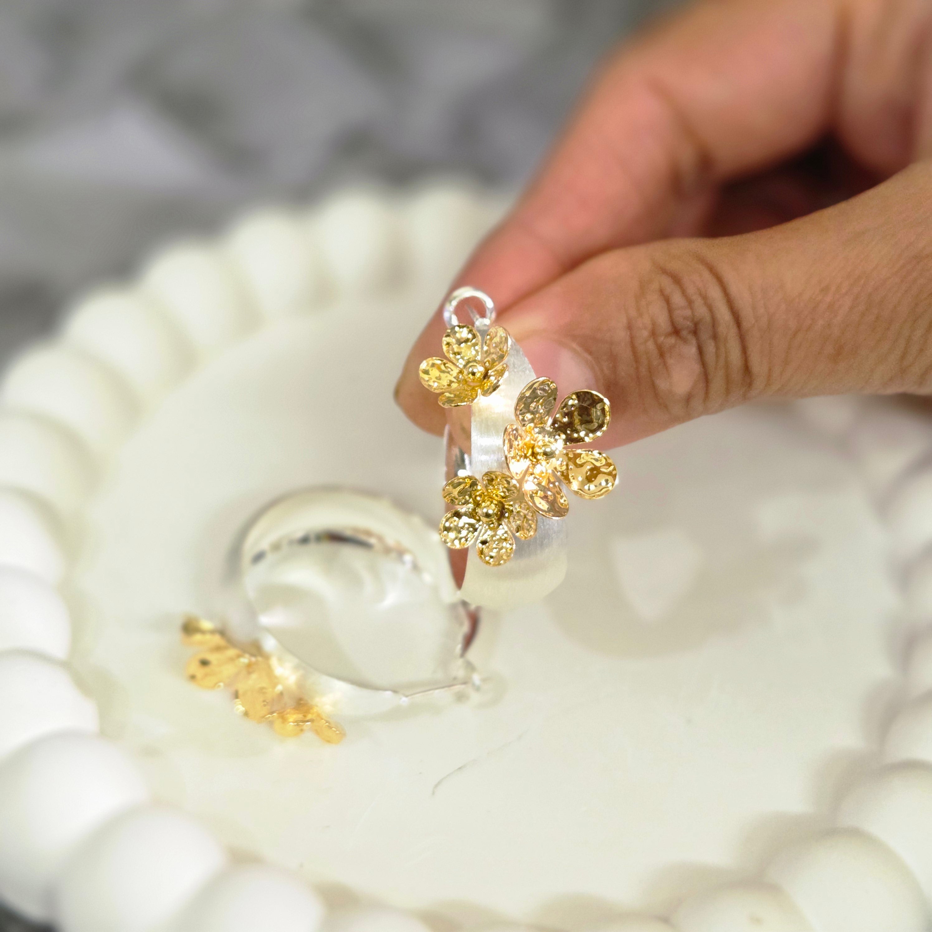 Dual Tone Floral Hoop Earrings for Women Gold & Silver Plated Statement Open Hoop Earrings