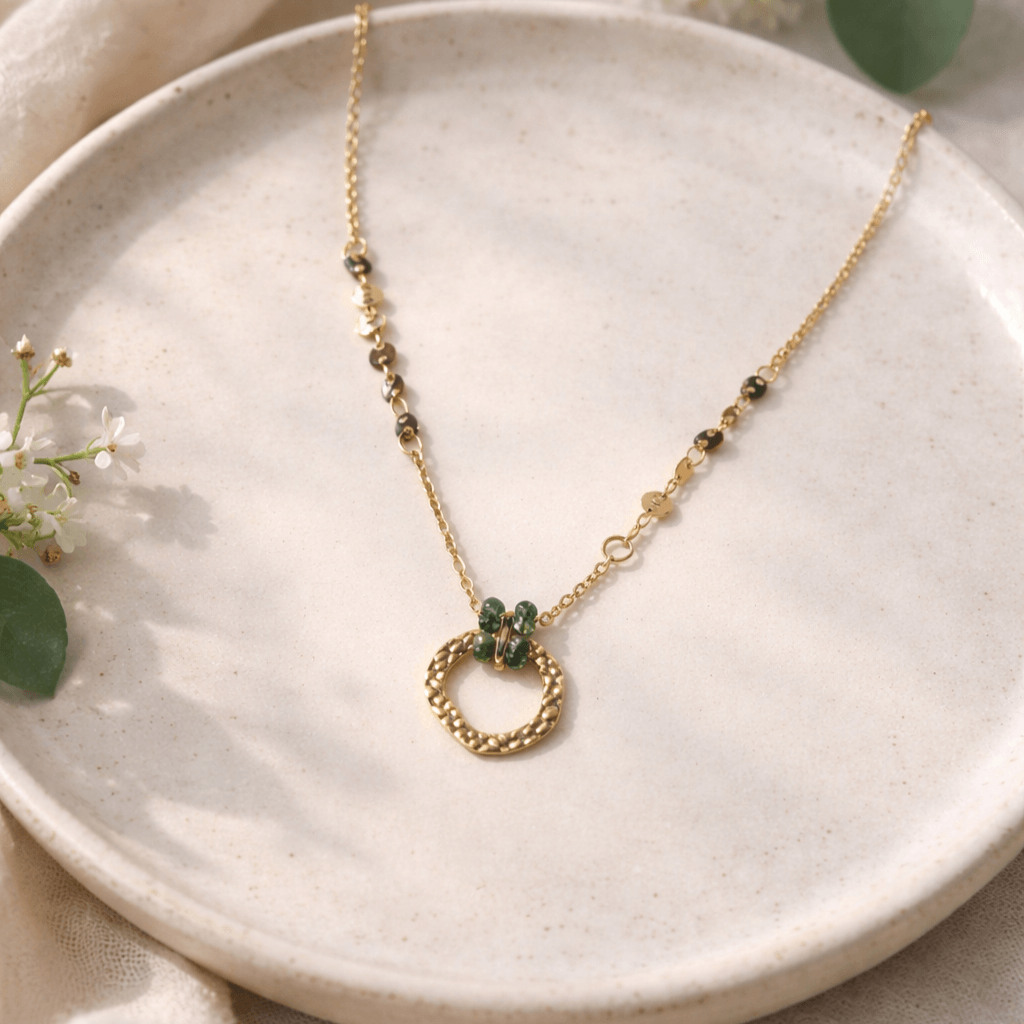 Modern Gold-Tone Circle Pendant Necklace with Bead Detailing