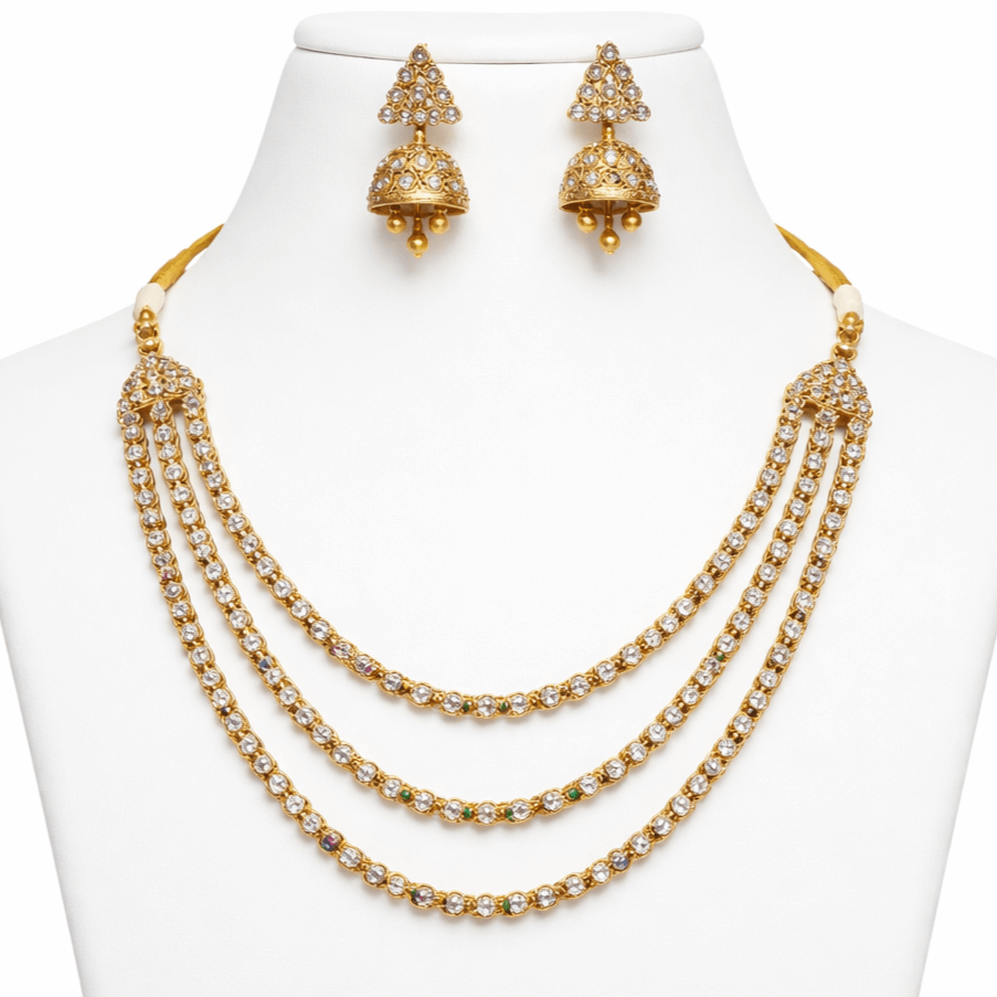 Gold Plated Multi-Layer Triple Line CZ Stone  Kundan Necklace Set for Women