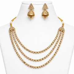 Gold Plated Multi-Layer Triple Line CZ Stone  Kundan Necklace Set for Women