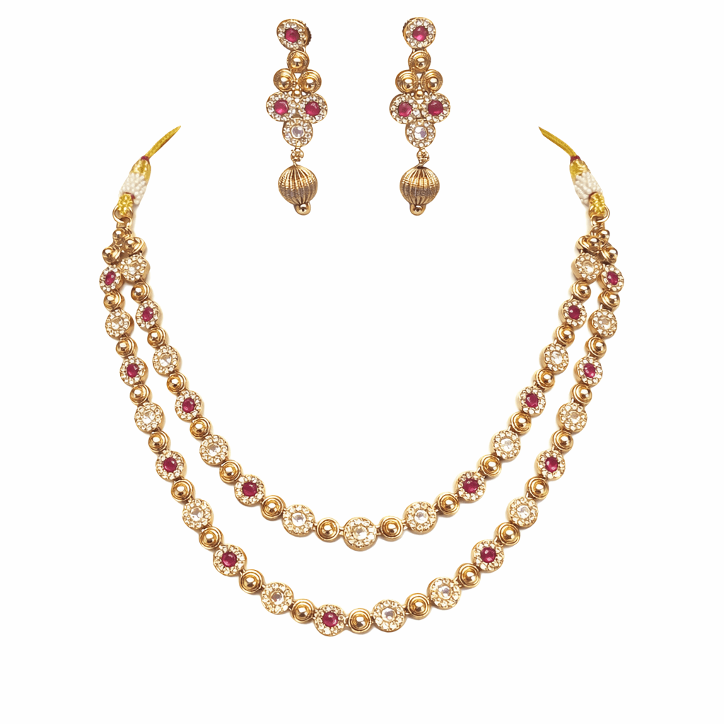Traditional Gold Plated Double Layer Necklace Set for Women