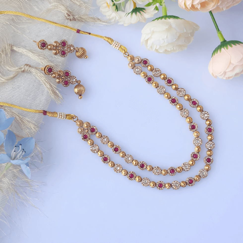 Traditional Gold Plated Double Layer Necklace Set for Women