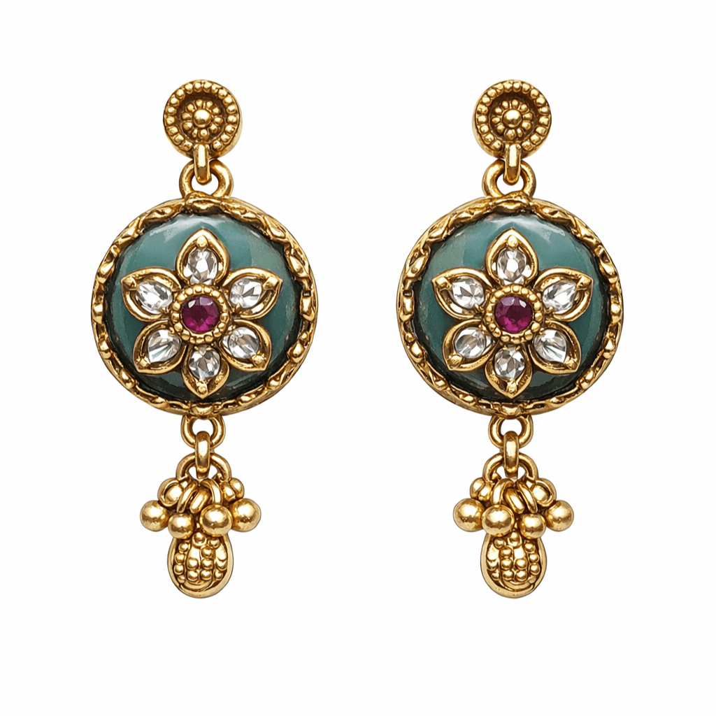 Traditional Gold Plated Antique Finish Temple Jewelry Kundan & Green Enamel Long Necklace Set