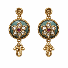 Traditional Gold Plated Antique Finish Temple Jewelry Kundan & Green Enamel Long Necklace Set