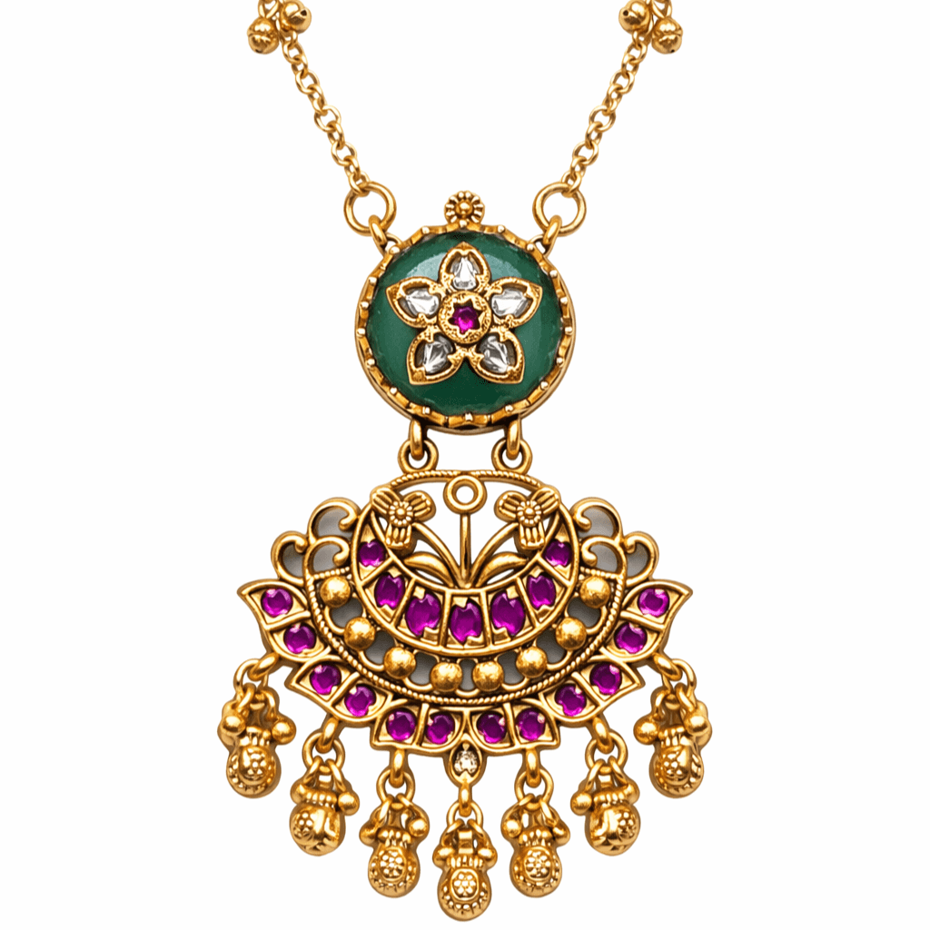 Traditional Gold Plated Antique Finish Temple Jewelry Kundan & Green Enamel Long Necklace Set