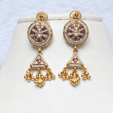 Gold Plated Antique Temple Necklace Set with Green Enamel Square Pendant & Matching Jhumka Earrings for Women