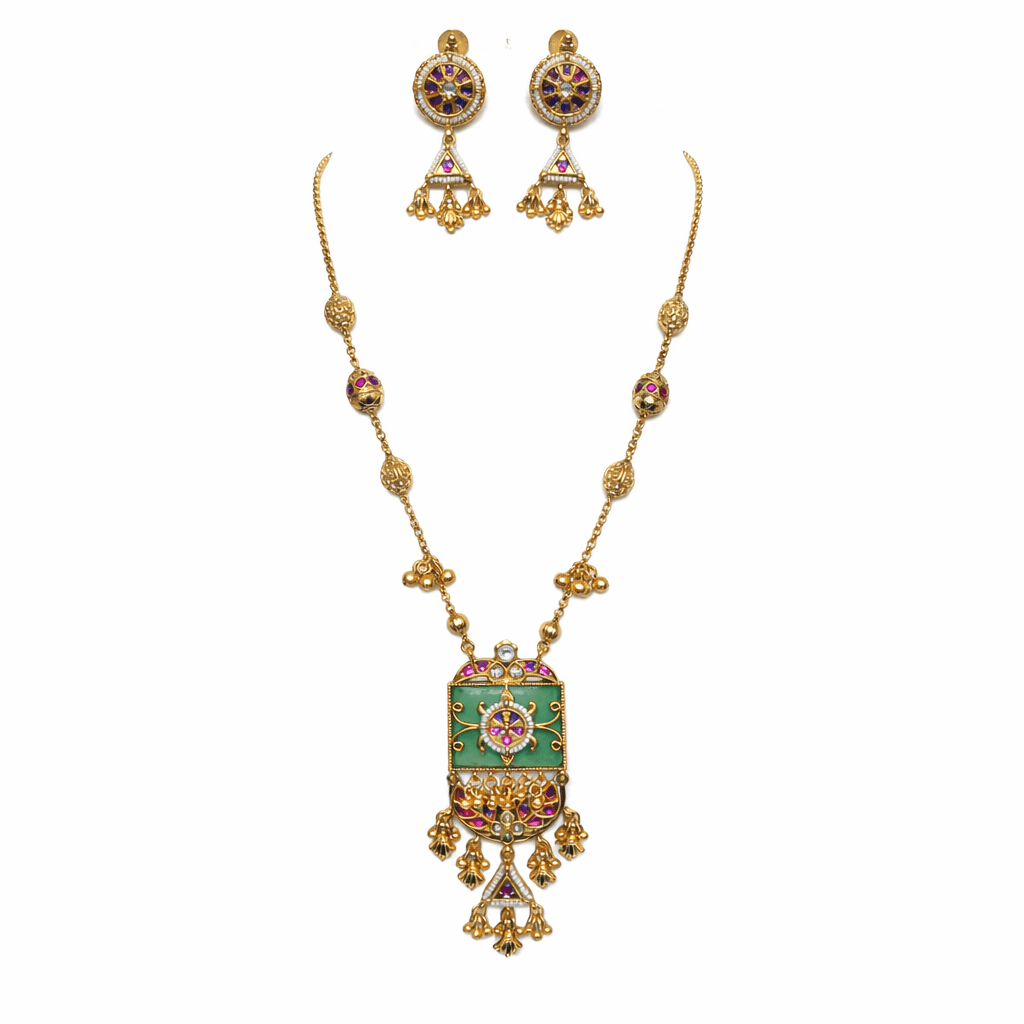 Gold Plated Antique Temple Necklace Set with Green Enamel Square Pendant & Matching Jhumka Earrings for Women