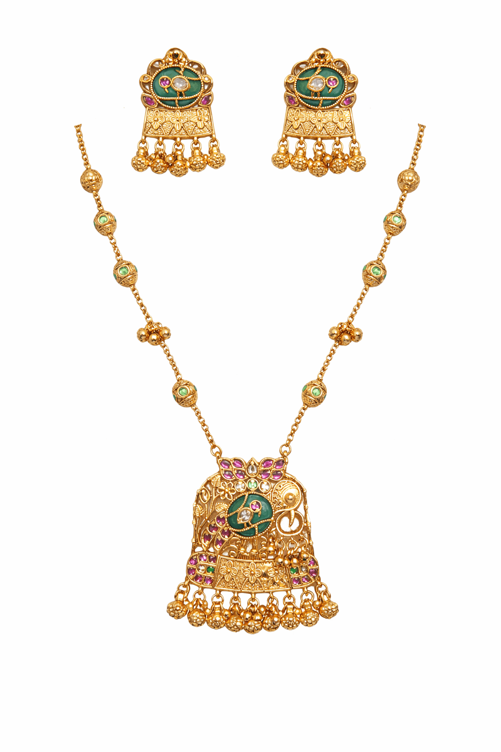 Traditional Ethnic Gold Plated Antique Peacock Design Long Necklace Set