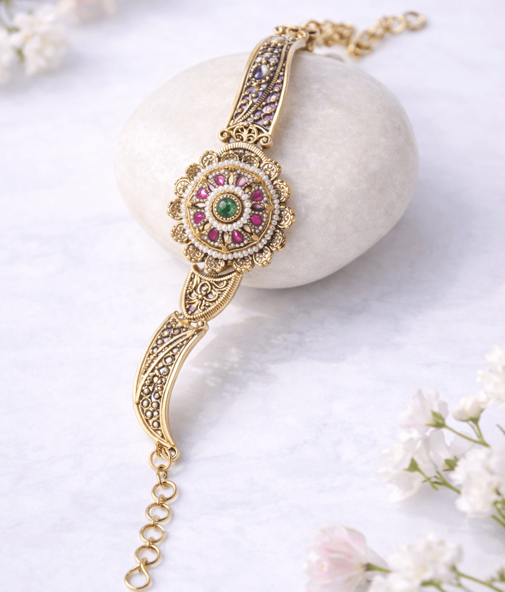 Traditional Antique Gold-Plated Filigree Bracelet for Women