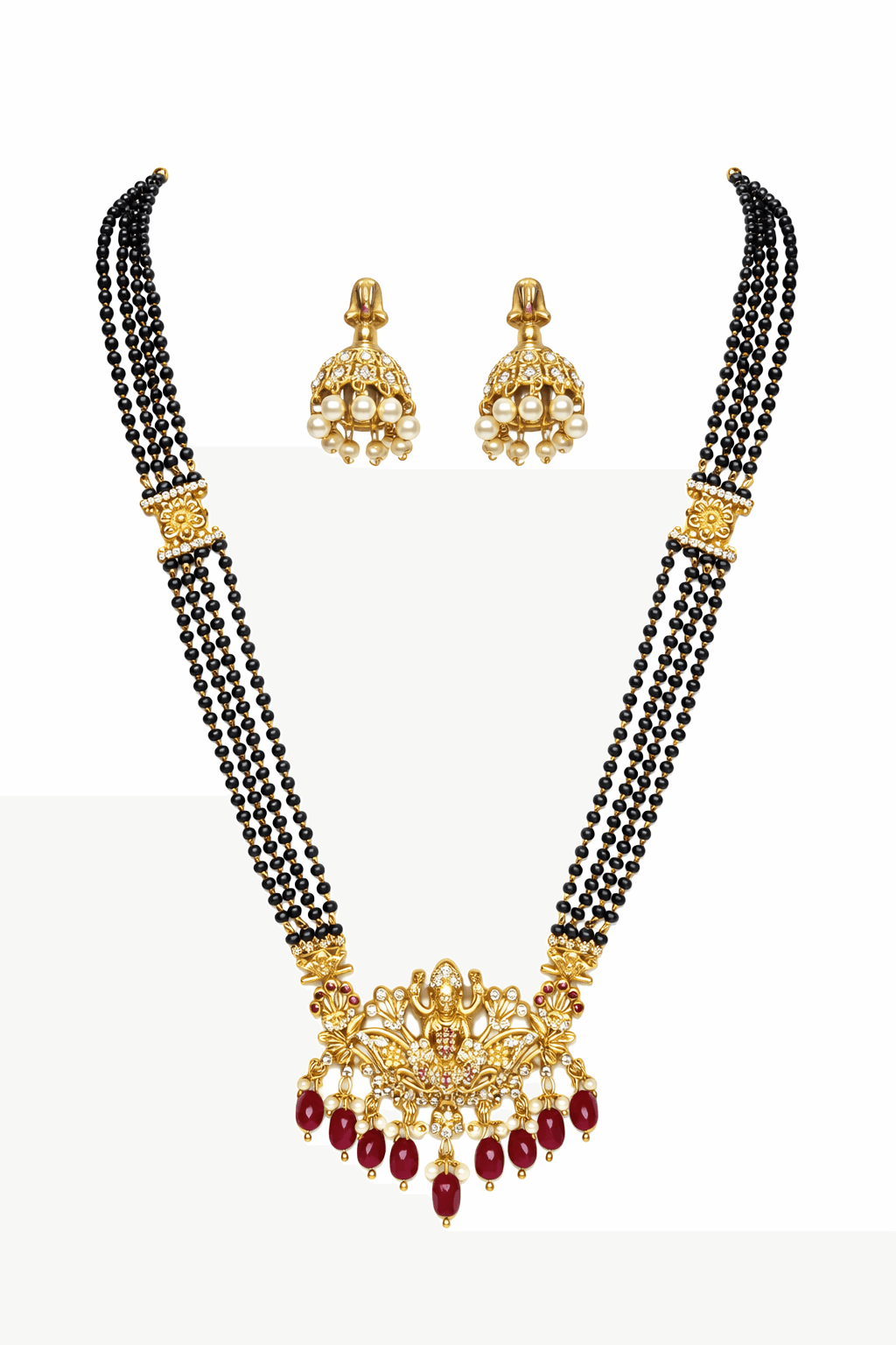 Traditional  Gold Plated Temple Design Black Beads Mangalsutra Necklace Set for Women