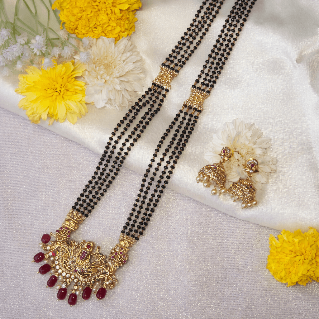 Traditional  Gold Plated Temple Design Black Beads Mangalsutra Necklace Set for Women