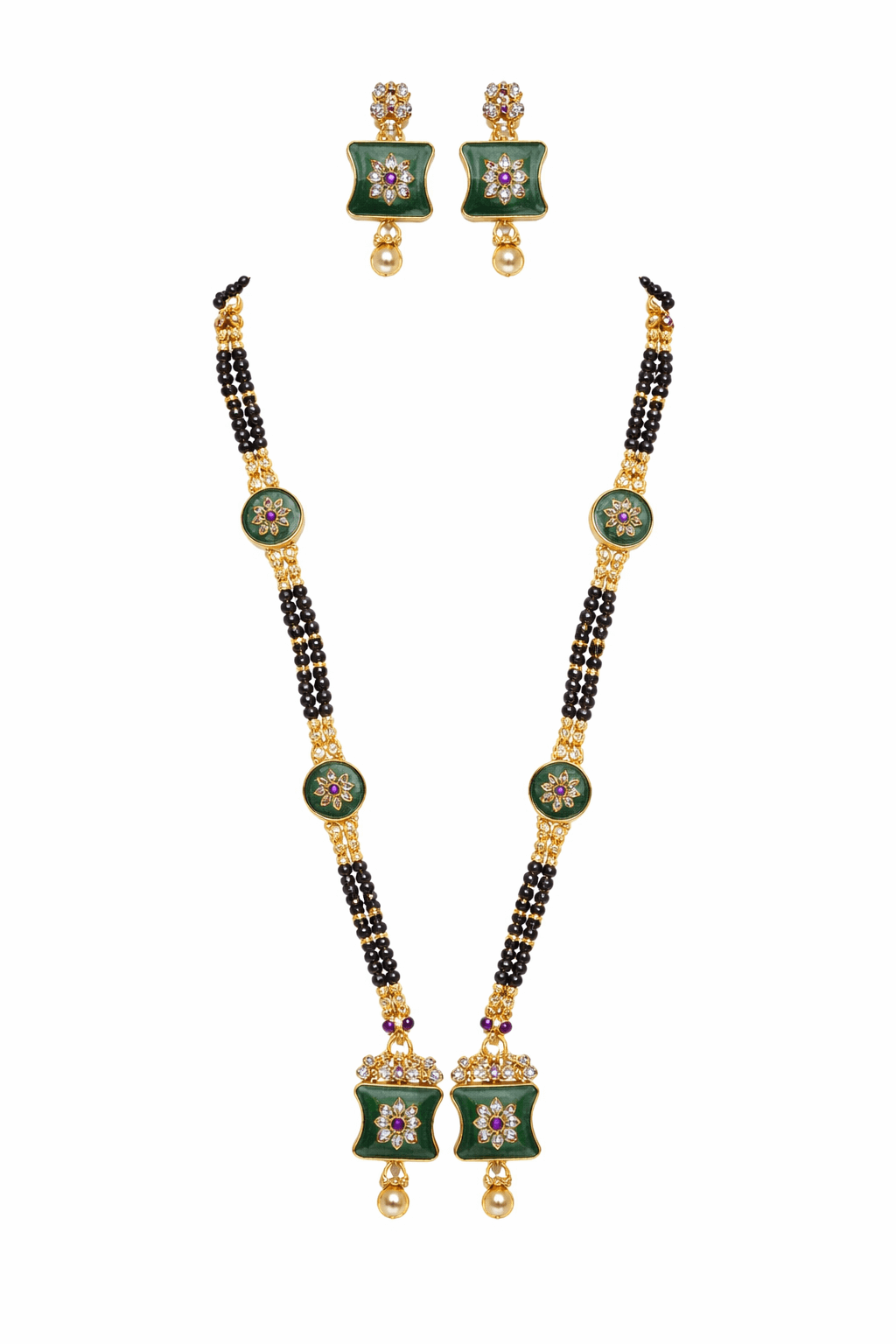 Traditional Green Enamel Gold Plated Square Pendant Long Mangalsutra