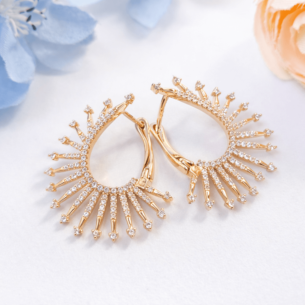 Designer Sunburst Crystal Hoop Rose Gold Plated Earrings