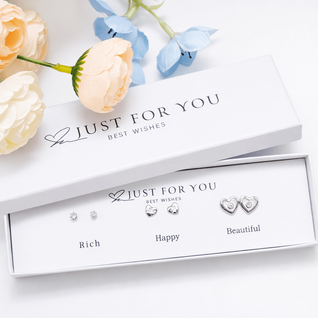 Just For You ! Heart Shape Silver Rich Happy Beautiful 3-Pair Stud Earrings Gift Set