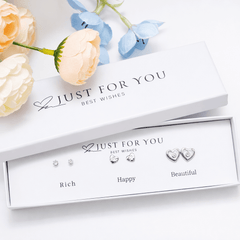 Just For You ! Heart Shape Silver Rich Happy Beautiful 3-Pair Stud Earrings Gift Set