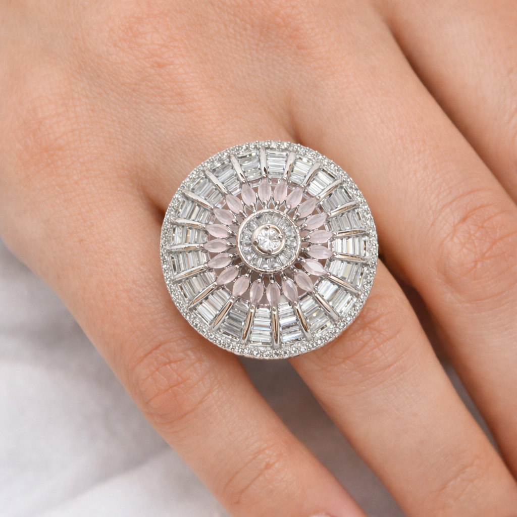 Blush Radiance Silver-Tone Cocktail Adjustable Ring