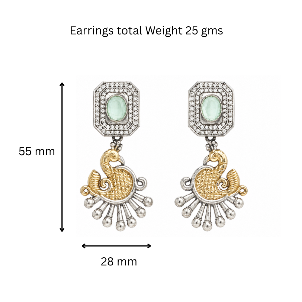 Mint Glow Peacock Dual Tone Statement Earrings