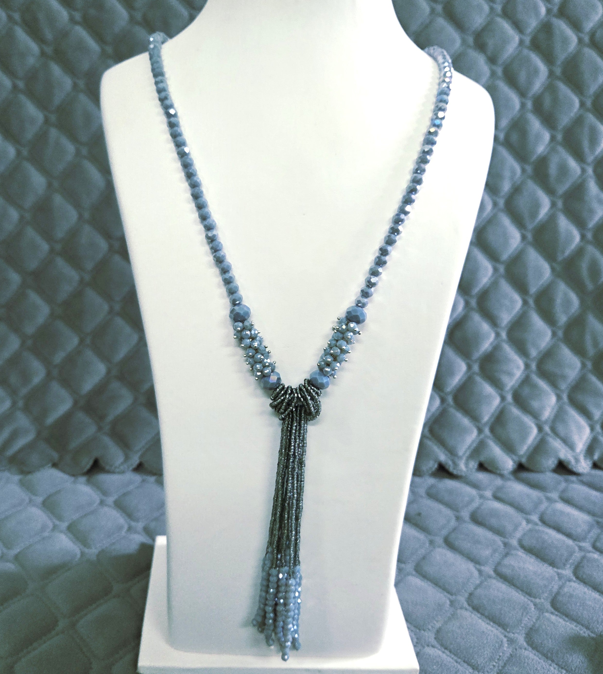 Blue Crystal Beaded Long Tassel Necklace for Women Designer Statement Jewellery