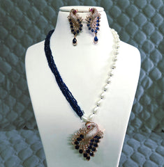 Peacock Blue Crystal & Pearl Necklace Set for Women Designer Statement Necklace with Matching Earrings