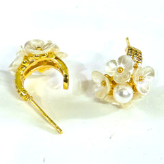 Gold Plated Pearl Floral Ear Cuff Stud Earrings for Women White Flower CZ Open Hoop Earrings