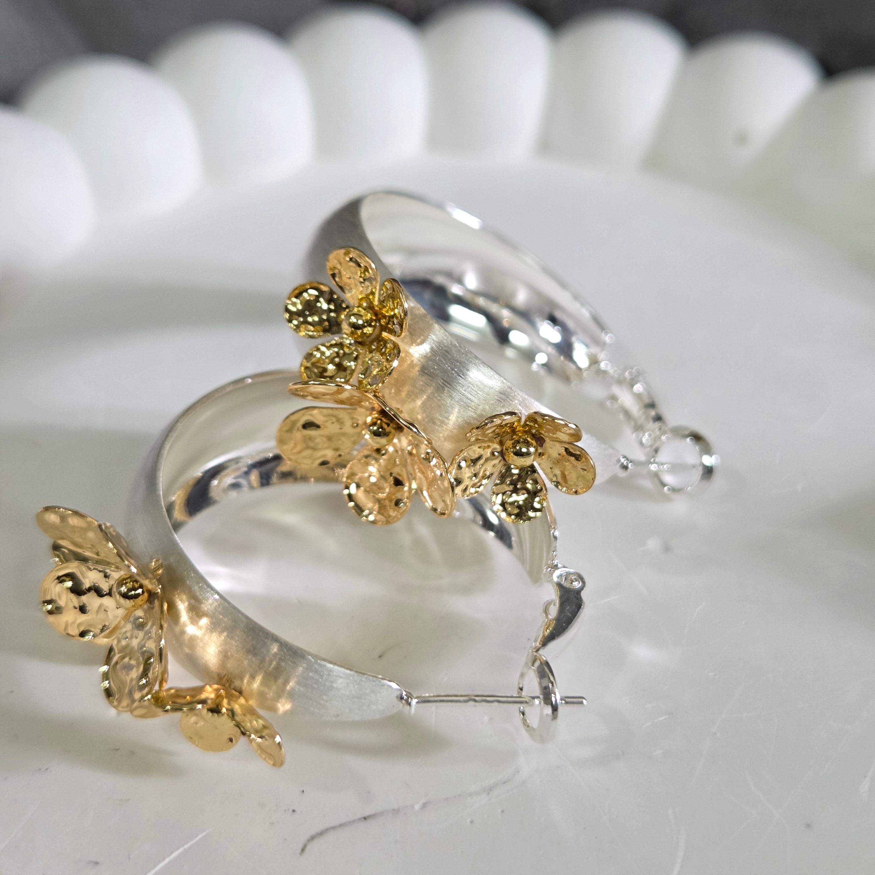 Dual Tone Floral Hoop Earrings for Women Gold & Silver Plated Statement Open Hoop Earrings