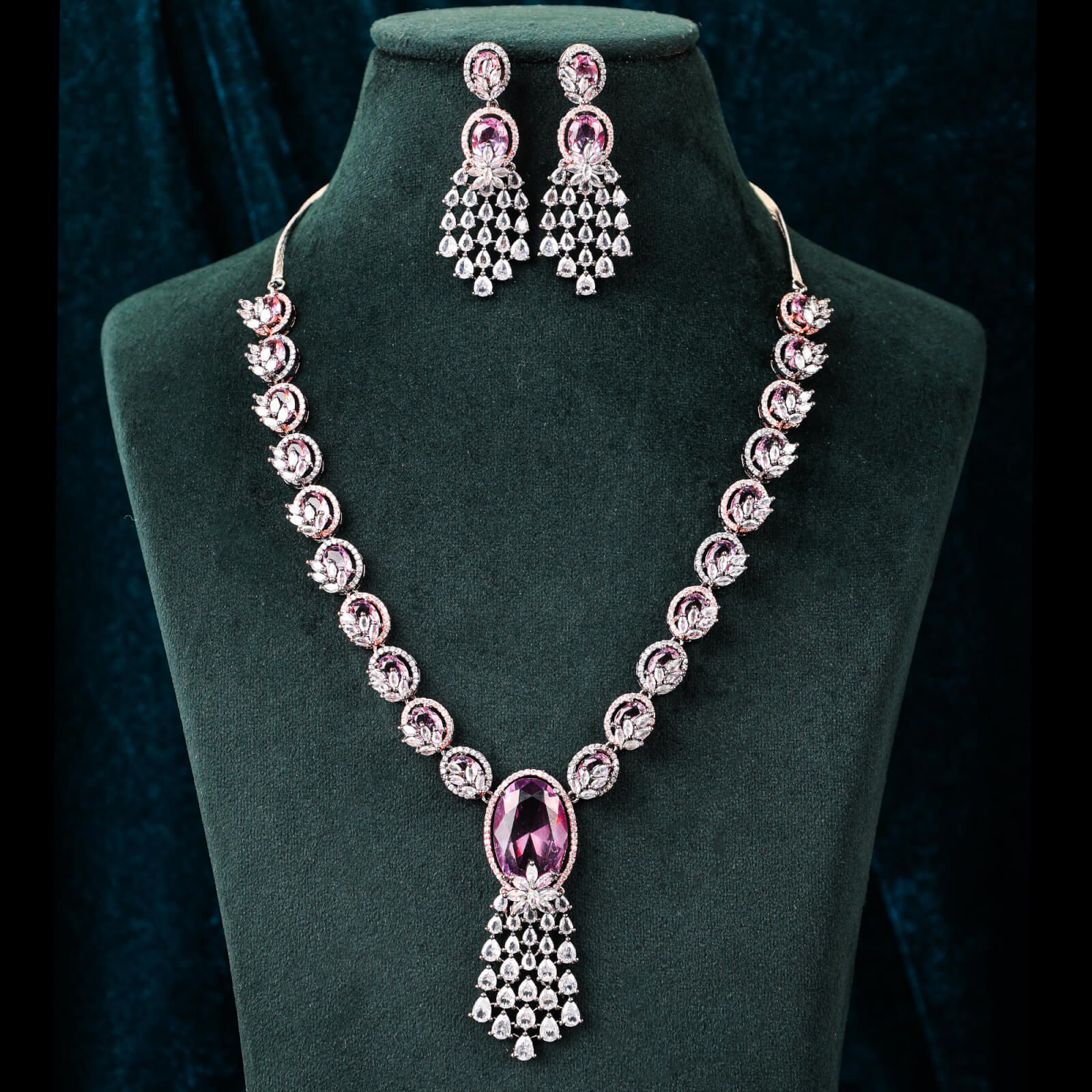 Contemporary American Diamond Pink Necklace set