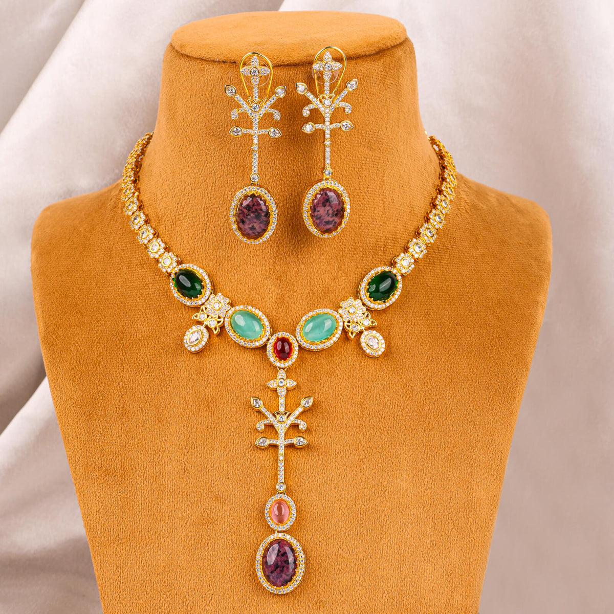 Royal Monalisa Stone withe American diamond gold plated necklace set