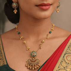 Traditional Gold Plated Antique Finish Temple Jewelry Kundan & Green Enamel Long Necklace Set