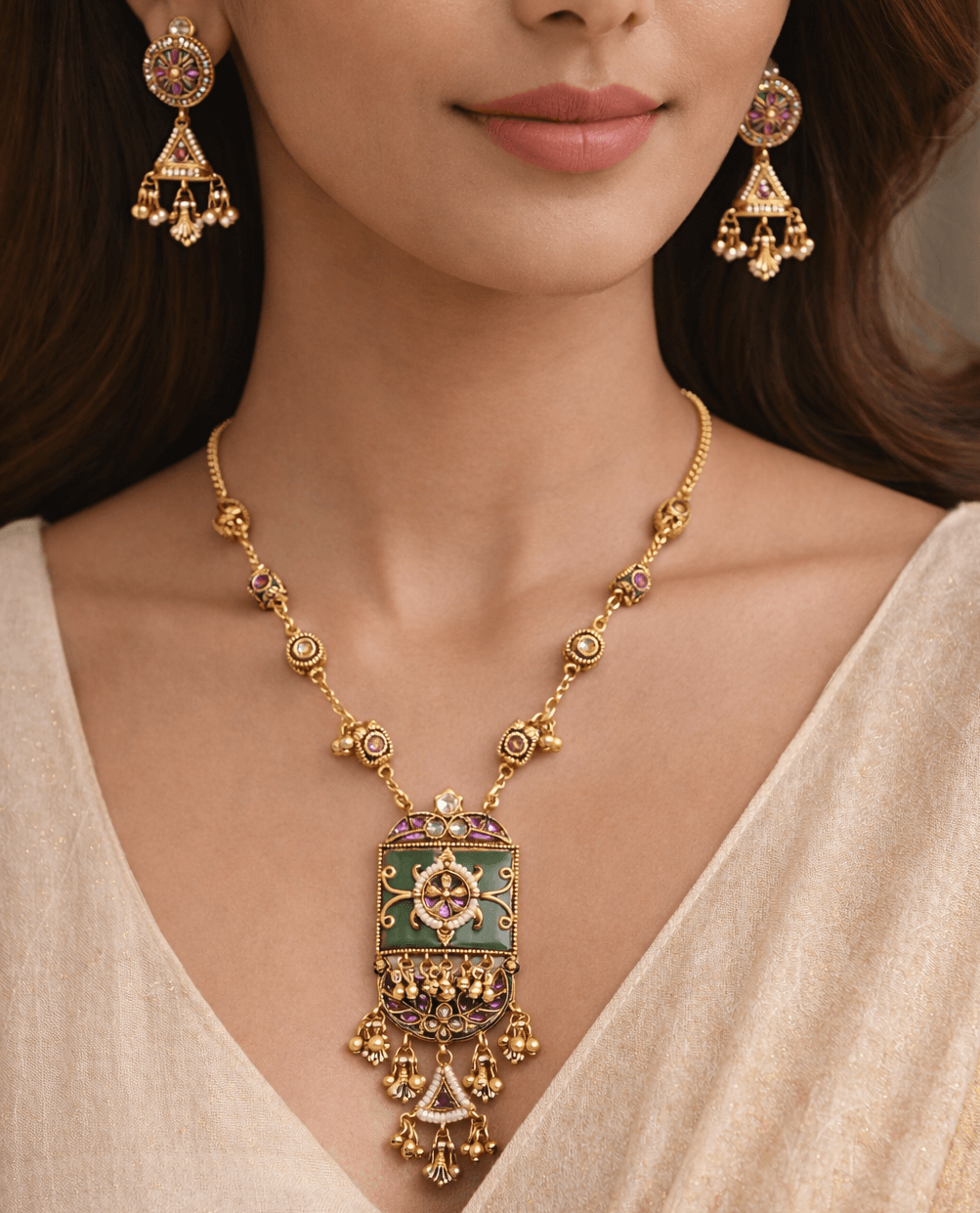 Gold Plated Antique Temple Necklace Set with Green Enamel Square Pendant & Matching Jhumka Earrings for Women